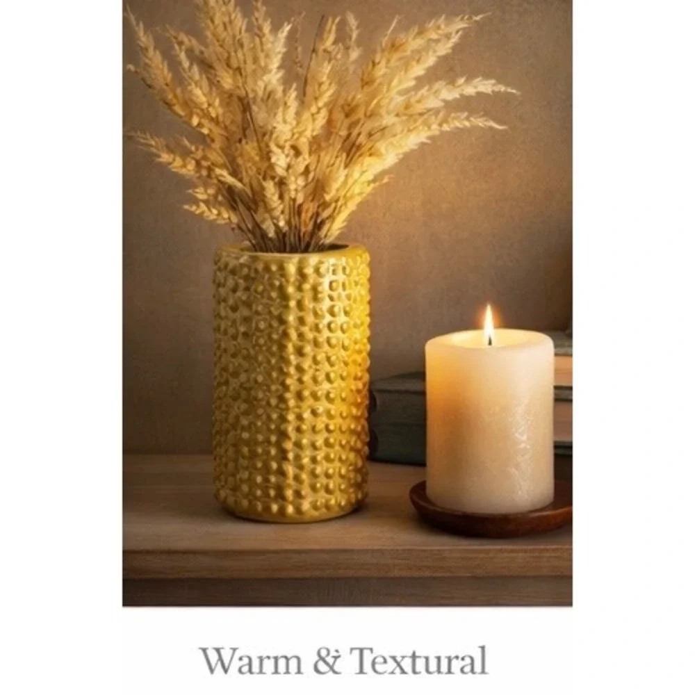 Bloomingville Textured Stoneware Vase Mustard Yellow Hobnail Rustic Modern Decor